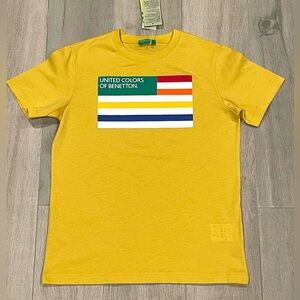 Benetton Kids T Shirt Size L 8-9 Years Yellow Graphic Logo Organic Cotton NWT